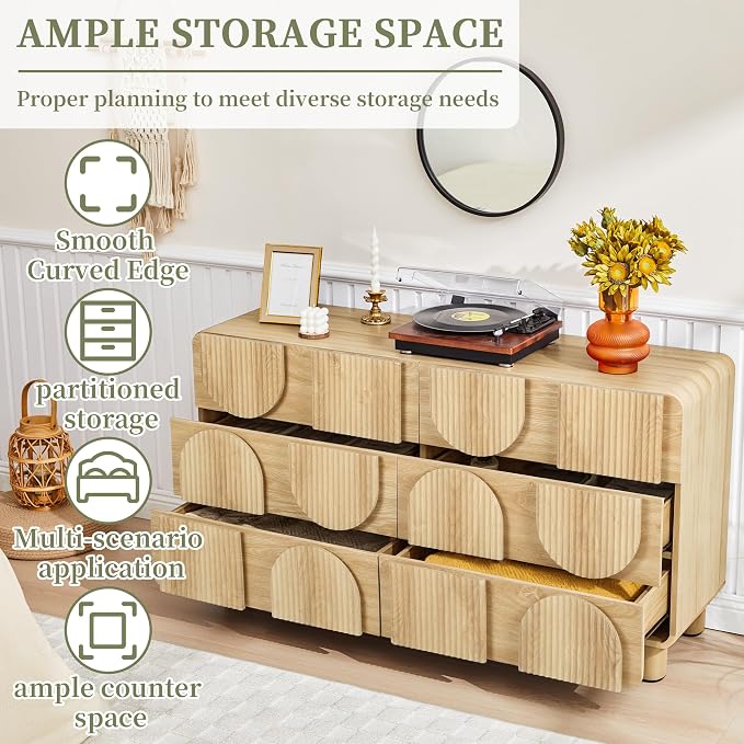 Fluted Dresser for Bedroom with 6 Drawers, 54" Wide Mid Century Modern Chest of Drawers , Wooden Curved Dresser TV Stand, Wood Closet Clothes Storage Organizer for Living Room, Hallway, Natural