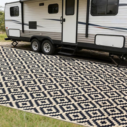 SAND MINE Reversible Mats, Plastic Straw Rug, Modern Area Rug, Large Floor Mat and Rug for Outdoors, RV, Patio, Backyard, Deck, Picnic, Beach, Trailer, Camping (8' x 16', Black & Beige Lattice)