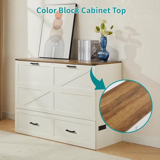 Queen Murphy Bed with Charging Station Large Storage Drawer Farmhouse Wood Space Saving Hidden Foldable Cabinet Bed for Bedroom Office School, Rustic White