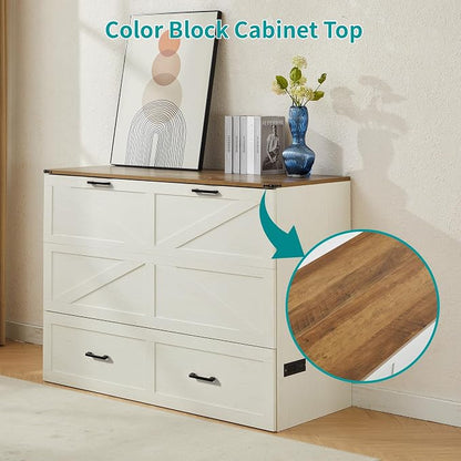 Queen Murphy Bed with Charging Station Large Storage Drawer Farmhouse Wood Space Saving Hidden Foldable Cabinet Bed for Bedroom Office School, Rustic White