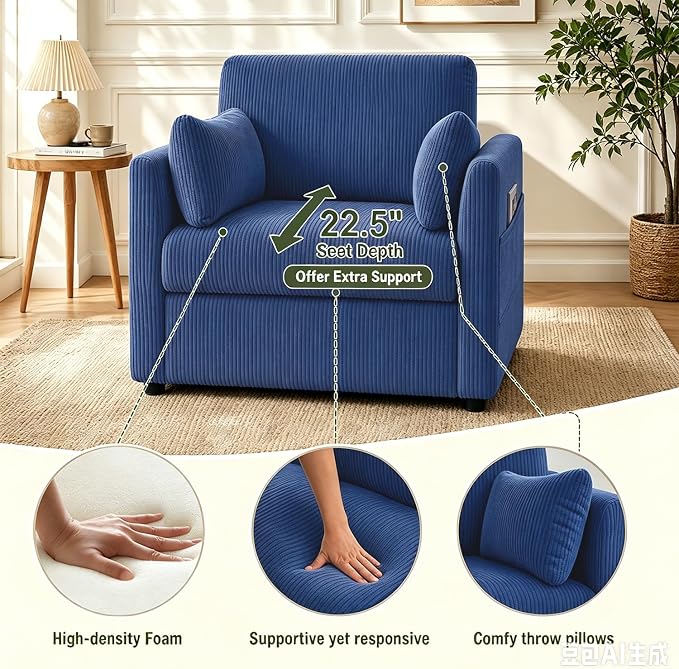 38" Modern Accent Chair, Corduroy Chair with Soft Pillows and Side Pockets, Comfy Single Reading Chairs for Living Room, Bedroom Navy Blue