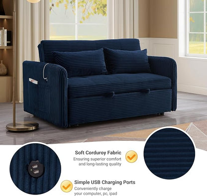 55.5" Corduroy Convertible Sofa Bed, Pull Out Sleeper Sofa Bed, Loveseat Couch with USB Charging Ports, 3 in 1 Convertible Sleeper Sofa Bed for Living Room, Apartment, Bedroom, RV, Blue