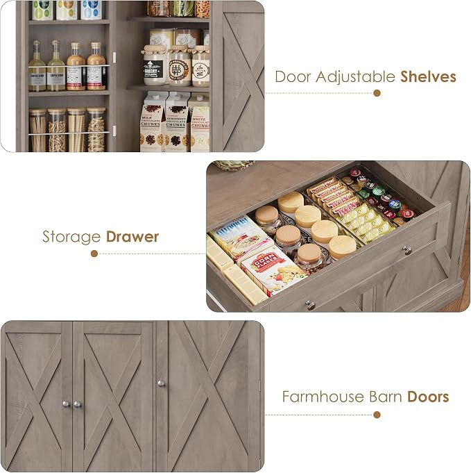 HIFIT 72.8” Tall Kitchen Pantry Cabinet with LED & Charging Station, 55” Wide Farmhouse Pantry Cabinet with Microwave Stand&Shelves&Swing-Out Door, Kitchen Hutch Coffee Bar for Living Room, Grey