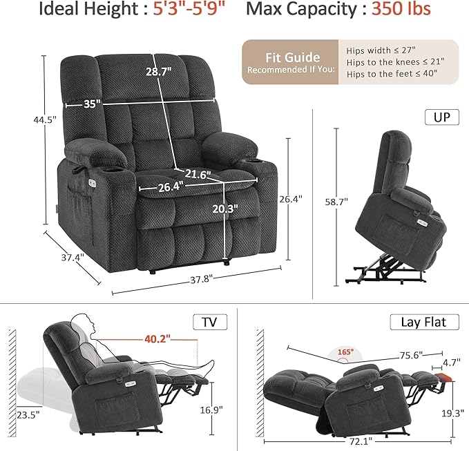 MCombo Extra Wide Dual Motor Power Lift Recliner Chair for Elderly, Zero Gravity Lift Chair with Heat and Massage, Infinite Position Recliners, USB Ports, Fabric R7897 (Dark Gray, Medium-Wide)