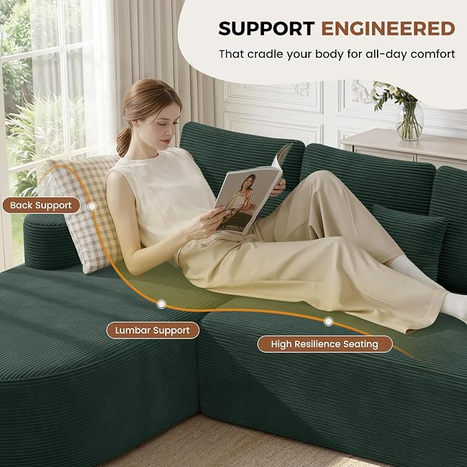112" Modular Curved Sofa, Oversized Couches for Living Room, Modern Cloud Couch with Deep Seat, Corduroy Foam Couch, No Assembly Required, Dark Green, 1PCS