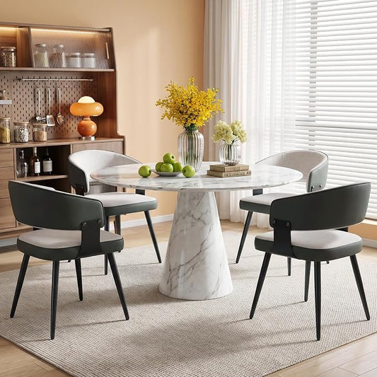 Dining Chairs Set of 4, Modern Upholstered Kitchen & Dining Room Chairs with Breathable Woven Fabric and Faux Leather Accents, Curved Open Back & Metal Legs (Beige Woven, Set of 4)
