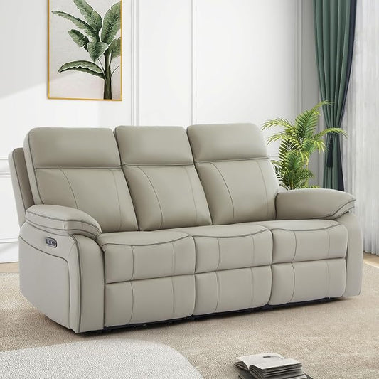 Power Reclining Sofa with Fold Down Table, Breathable Leather Electric Reclining Couch, Power Loveseat Recliner Sofa with Cup Holders/Outlets/USB-C/A Ports for Living Room(Grey, 3 Seat)