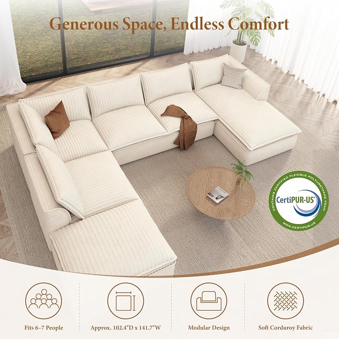 Vesgantti 141.7" Oversized Sectional Boneless Couch, Modern 7 Seater Modular Sofa with Chaise & Ottoman, Deep Seat Plush Corduroy Cloud Couches for Living Room, No Assembly Required, Beige