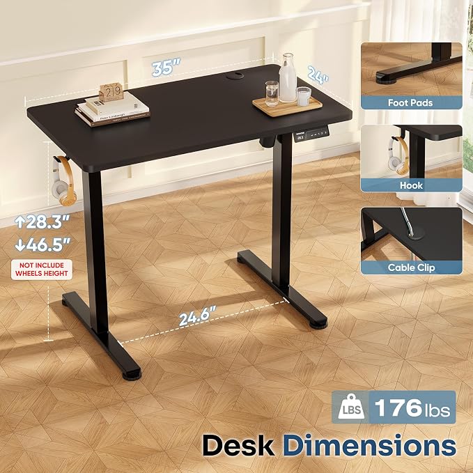 Monomi Small Electric Standing Desk, 35" x 24" Whole Piece Height Adjustable with Memory Controller, Black Sit to Stand Desk Workstation for Home Office