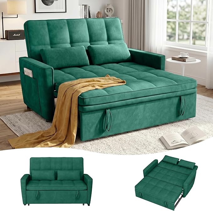 54'' Sleeper Sofa Bed, Convertible Pull Out Couch Futon for for Living Room,Apartment (Green, Loveseat) Side Pockets, Velvet Fabric, Adjustable Backrest, Pull-Out Bed, Easy Assembly