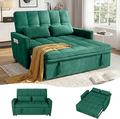 54'' Sleeper Sofa Bed, Convertible Pull Out Couch Futon for for Living Room,Apartment (Green, Loveseat) Side Pockets, Velvet Fabric, Adjustable Backrest, Pull-Out Bed, Easy Assembly