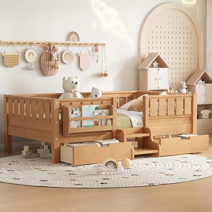 Bellemave Twin Floor Bed with Stairs, Rails and Slats, Twin Size Montessori Floor Bed with Bookshelf and 2 Storage Drawers, Easy Assemble Montessori Beds Frame for Girls, Boys, Deep Natural