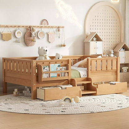 Bellemave Twin Floor Bed with Stairs, Rails and Slats, Twin Size Montessori Floor Bed with Bookshelf and 2 Storage Drawers, Easy Assemble Montessori Beds Frame for Girls, Boys, Deep Natural
