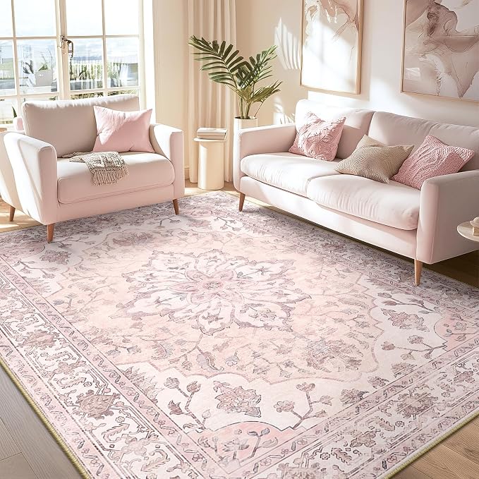 RELEANY Area Rugs 6'x8' Washable Non-Slip, Floral Vintage Distress Medallion Carpet for Living Room Bedroom Dining Room, Pink Greypink Cute