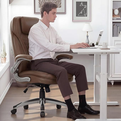 COLAMY Executive Office Chair-Ergonomic Computer Desk Chair, High Back Leather Chair with Padded Flip-up Arms, Swivel Home Office Chair Upgraded Caster, Brown
