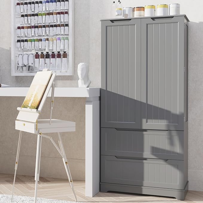 Gizoon Pantry Storage Cabinet with Drawers Freestanding Kitchen Storage Cabinets with Doors and Shelves, 63" Food Pantry for Dining Room Craft Room, Gray, Painted