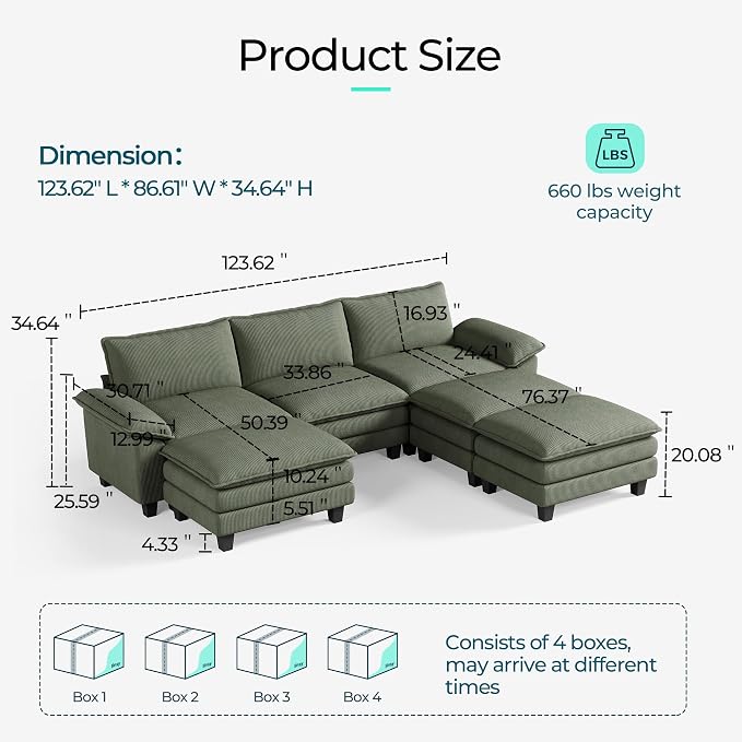 LINSY HOME 123'' Modular Sectional Sofa 3 Seat Couch Corduroy Cloud Couch with Deep Seat, Modern Cloud Couch with 3 Movable Ottoman for Living Room, Office, Bedroom, Green