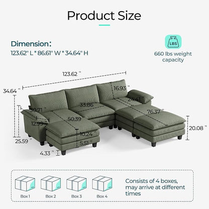 LINSY HOME 123'' Modular Sectional Sofa 3 Seat Couch Corduroy Cloud Couch with Deep Seat, Modern Cloud Couch with 3 Movable Ottoman for Living Room, Office, Bedroom, Green