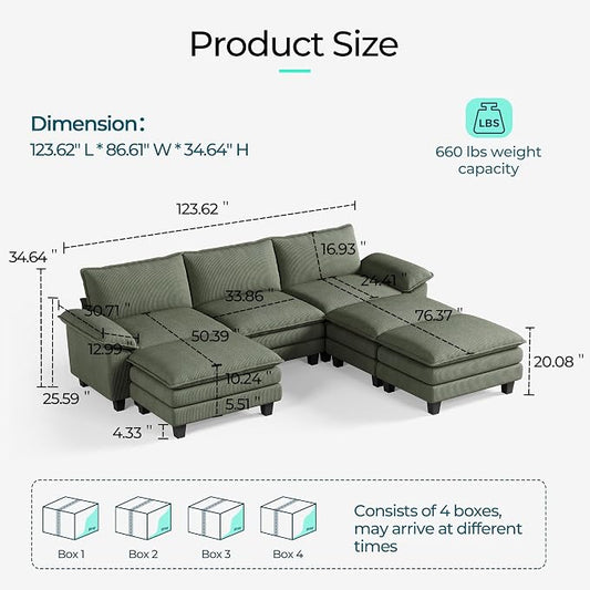 LINSY HOME 123'' Modular Sectional Sofa 3 Seat Couch Corduroy Cloud Couch with Deep Seat, Modern Cloud Couch with 3 Movable Ottoman for Living Room, Office, Bedroom, Green