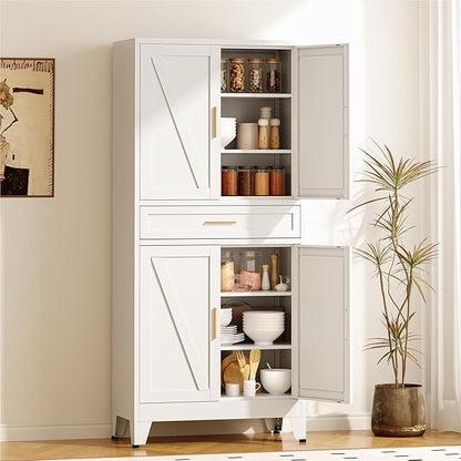 COFaR 71" Tall Pantry Cabinet with Drawer, White Storage Cabinet with Adjustable Shelves, 3-Section Freestanding Cupboard for Kitchen Organization