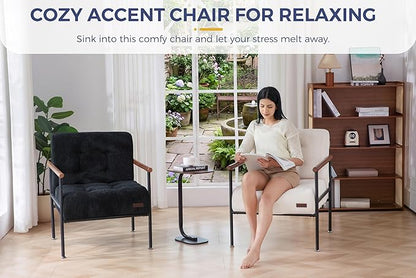 MAXYOYO Living Room Accent Chair, Modern Chair with Sturdy Metal Frame & Wood Armrests, Upholstered Reading Chair with Upholstered Cushion for Bedroom Balcony Porch, Beige