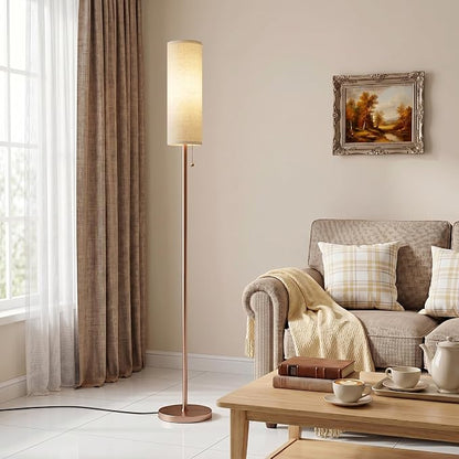 Ambimall Floor Lamp for Living Room with 3 Color Temperatures Bulb, 64" Standing lamp with Linen lampshade for Bedroom, Minimalist Pole Lamp, Dark Beige Shade & Brown Pole