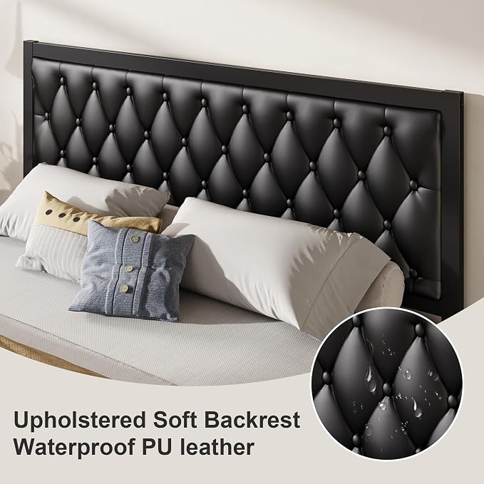 Fluest King Bed Frame with Headboard PU Leather Upholstered Bed Frame Platform,All Metal Slats Support Platform Bed Frame with Storage Space,Easy Assembly,Noise Free,No Box Spring Needed,Black