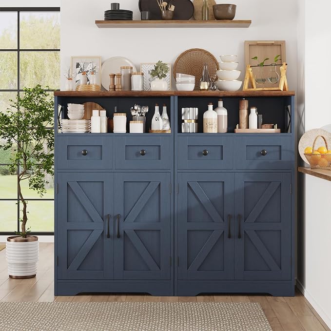 Blue Farmhouse Storage Cabinet Set of 2, Small Kitchen Pantry Storage Cabinet with Drawers and Adjustable Shelves, Sideboard Buffet Coffee Bar Cabinet for Living Room/Dining Room/Bathroom/Home Office
