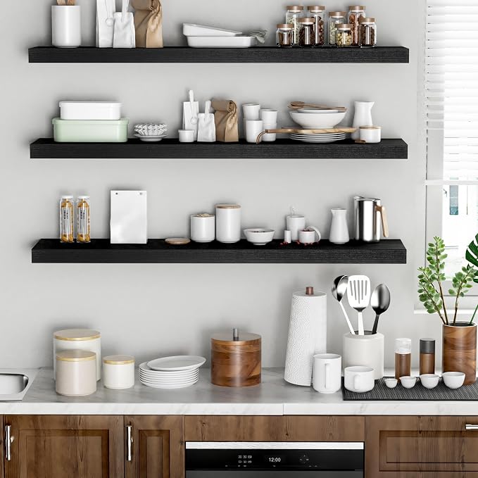Floating Shelves - 10.3 Inch Deep Wall Shelf for Decor & Storage - Wall Mounted Display Shelving with Invisible Heavy-Duty Metal Bracket - 48" W x 10.3" D x 1.8" H - Set of 1 - Rustic Black
