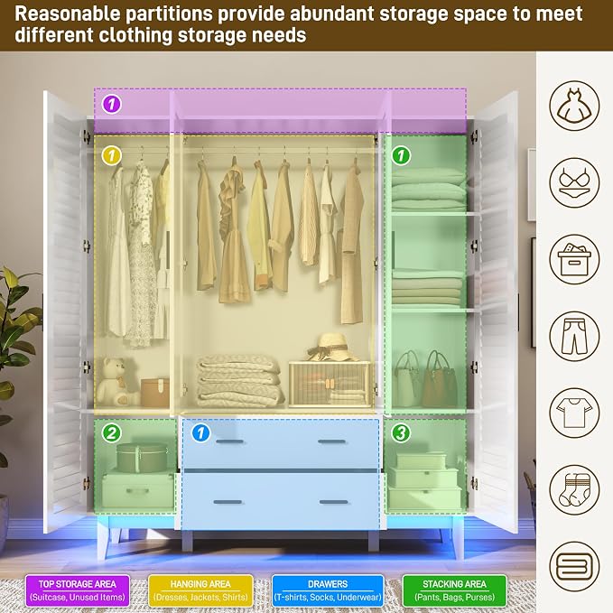 jiteentarou 4 Door Armoire Wardrobe Closet Cabinet with Drawers and LED Lights, Multi-Tier Shelves, Hanging Rod & 4 Louver Doors, Large Capacity Storage Wardrobe Armoire for Bedroom(4 Doors White) | 4 Door