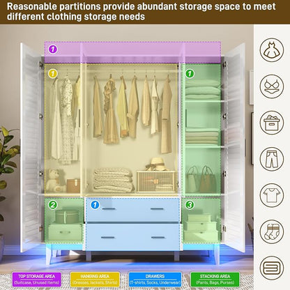 jiteentarou 4 Door Armoire Wardrobe Closet Cabinet with Drawers and LED Lights, Multi-Tier Shelves, Hanging Rod & 4 Louver Doors, Large Capacity Storage Wardrobe Armoire for Bedroom(4 Doors White) | 4 Door