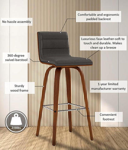 Armen Living Vienna Mid-Century Modern 30" Bar height Barstool Faux Leather Wood Finish, Grey/Walnut