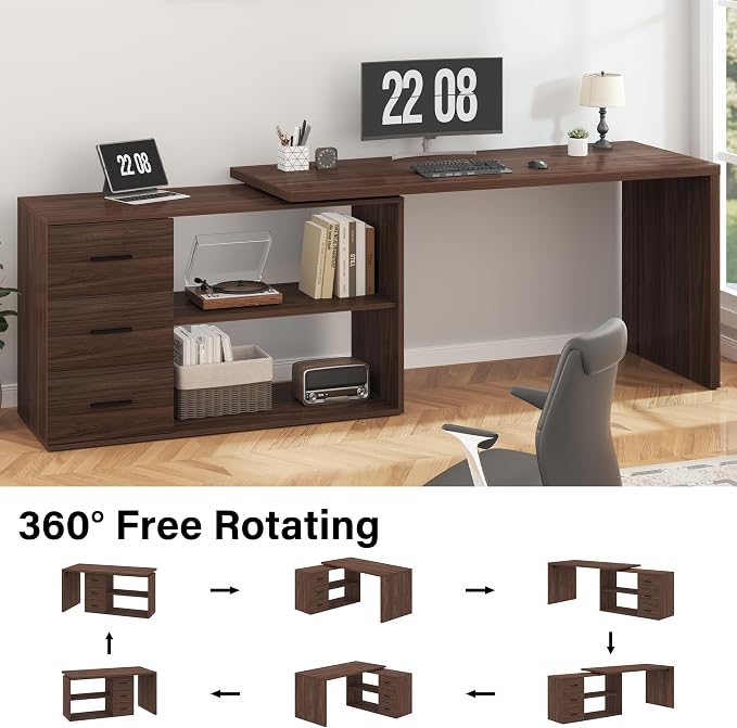 HSH L Shaped Office Desk with Drawers Shelves 55-76 Inch, Corner Computer Desk with Storage 360 Rotating Long for Work, Executive, Study, Writing, Teacher, Bedroom Modern Gaming Table, Walnut