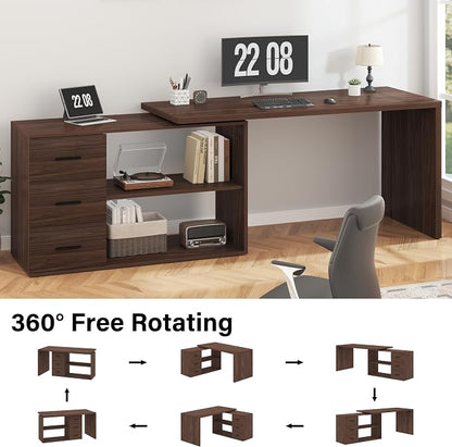 HSH L Shaped Office Desk with Drawers Shelves 55-76 Inch, Corner Computer Desk with Storage 360 Rotating Long for Work, Executive, Study, Writing, Teacher, Bedroom Modern Gaming Table, Walnut