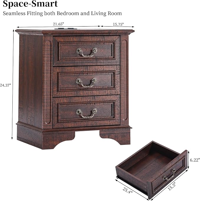 Farmhouse Dresser and Nightstand Sets, 7-Drawer Dresser & 3 Drawer Nightstand Sets, 3 Pieces Rustic Wood Bedroom Furniture Set for Home, Bedroom, Hallway（Dark Brown）