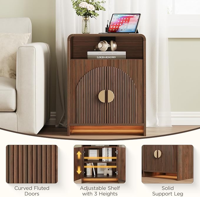 Nightstand with Charging Station and LED Lights, Night Stands with Adjustable Storage Cabinet, Modern Side Table with Fluted Doors and Open Storage, Bedside Table for Bedroom, Walnut
