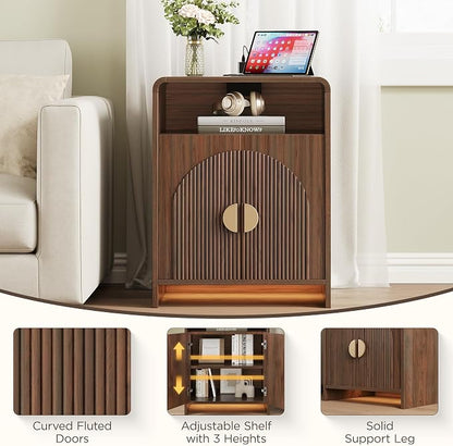 Nightstand with Charging Station and LED Lights, Night Stands with Adjustable Storage Cabinet, Modern Side Table with Fluted Doors and Open Storage, Bedside Table for Bedroom, Walnut