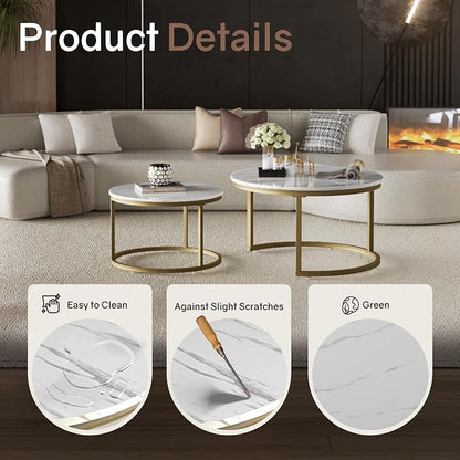 Otterease Nesting Tables Set of 2, 31.5" Round Coffee Table, Small Nesting Coffee Table with Adjustable Non-Slip Fee, White Marble Top Stack Nesting Tables Set of 2 for Living Room, Bedroom (White)