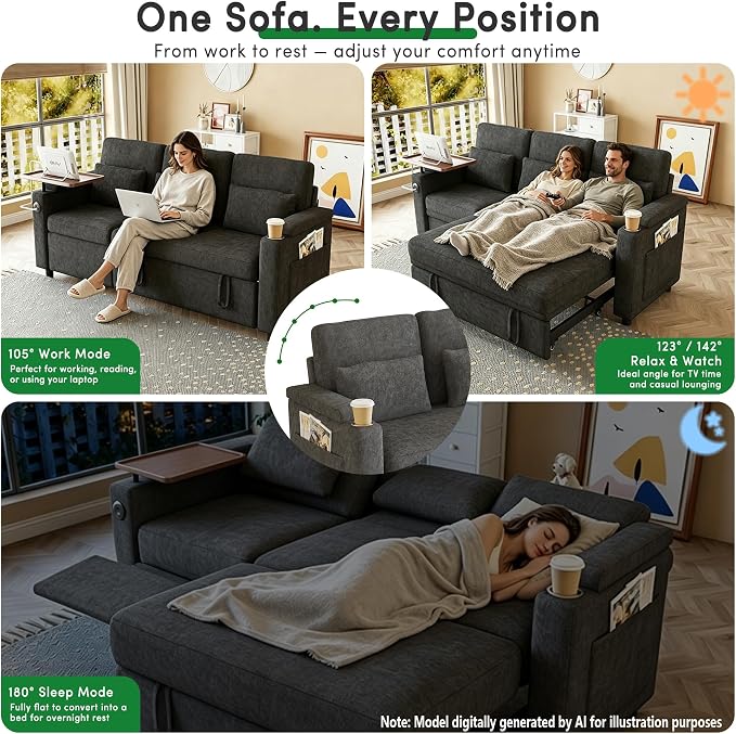 83" Recliner Sofa Bed, 3-in-1 Chenille Sleeper Sofa, Pull Out Couch Adjustable Backrest, USB, Side Pocket, Table, Cup Holder, Cloud Couch for Living Room, Apartment, Small Space, Dark Gray