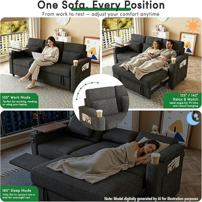 83" Recliner Sofa Bed, 3-in-1 Chenille Sleeper Sofa, Pull Out Couch Adjustable Backrest, USB, Side Pocket, Table, Cup Holder, Cloud Couch for Living Room, Apartment, Small Space, Dark Gray
