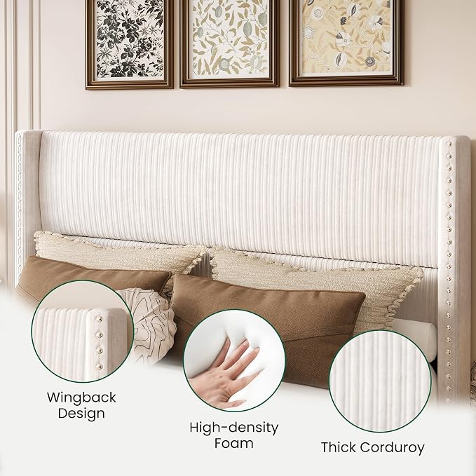 LARMACE King Size Bed Frame with 4 Storage Drawers Modern White Corduroy Upholstered Platform Bed Frame with Headboard Tufted Vertical Stripe &Wooden Slats Support, No Box Spring Need,Easy Assembly