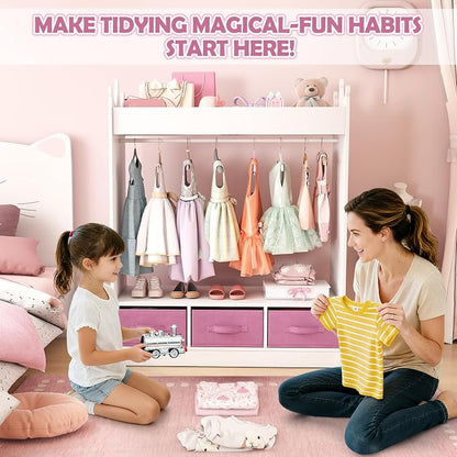 COSVALVE JOYLDIAS Kids Dress Up Storage with Mirror and Drawers, Kid Armoire Dresser, Pretend Storage Closet for Kids, Costume Wardrobe with Top Shelf for Playroom Bedroom, Lovely White