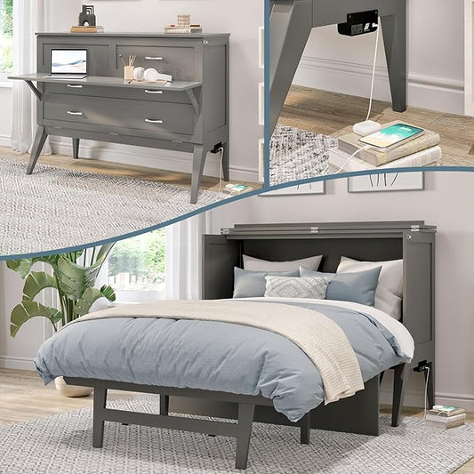 AFI, Northampton Full Size Murphy Bed Desk with Memory Foam 6" Mattress and Built-in USB Charger, Grey
