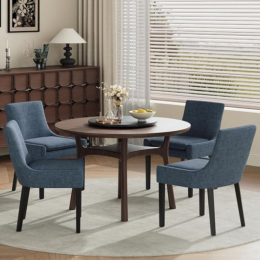 Modern Dining Room Chairs Set of 4 with Mid Back and Wood Legs, Upholstered Kitchen Chairs for Dining Room/Living Room, Blue