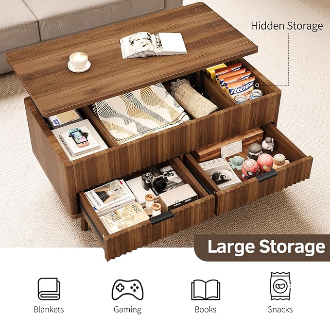 Lift Top Coffee Table with Storage - Fluted Wood Coffee Tables for Living Room with Drawers & Hidden Compartment, Mid Century Modern Square Large Center Table for Home Office Reception Walnut