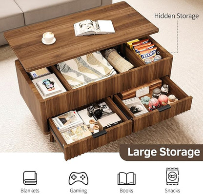 Lift Top Coffee Table with Storage - Fluted Wood Coffee Tables for Living Room with Drawers & Hidden Compartment, Mid Century Modern Square Large Center Table for Home Office Reception Walnut