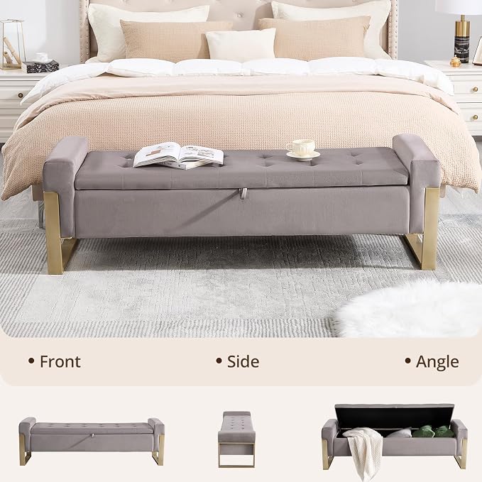 End of Bed Storage Bench, 67'' Benches for Bedroom Foot of Bed King Size, Upholstered Velvet Storage Ottoman Bench with Gold Legs for Window Living Room Entryway, Khaki Grey