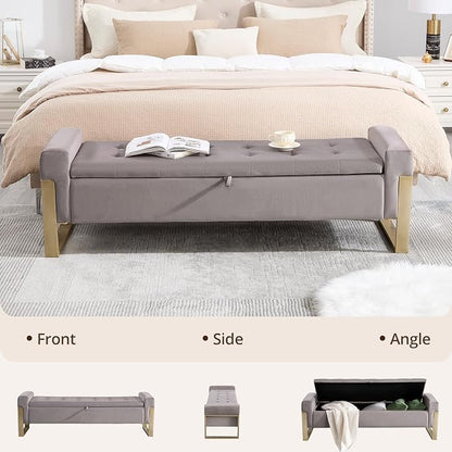 End of Bed Storage Bench, 67'' Benches for Bedroom Foot of Bed King Size, Upholstered Velvet Storage Ottoman Bench with Gold Legs for Window Living Room Entryway, Khaki Grey