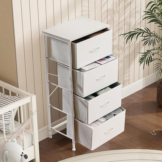 DUMOS Dresser for Bedroom, 4 Storage Drawers Tall Fabric Closet Chests | Organizer Tower Furniture with Wooden Top Metal Frame for Living Room, Hallway, White