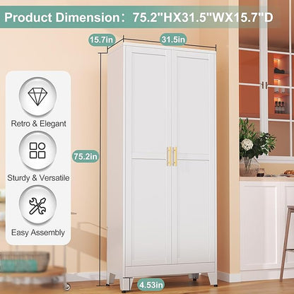 Metal Pantry Cabinet with 2 Doors and 5 Adjustable Shelves, 75"Kitchen Storage cabinets with Gold Handles, Versatile Storage for Laundry Room, Living Room, Bathroom, Dinning Room, Utility Room-White